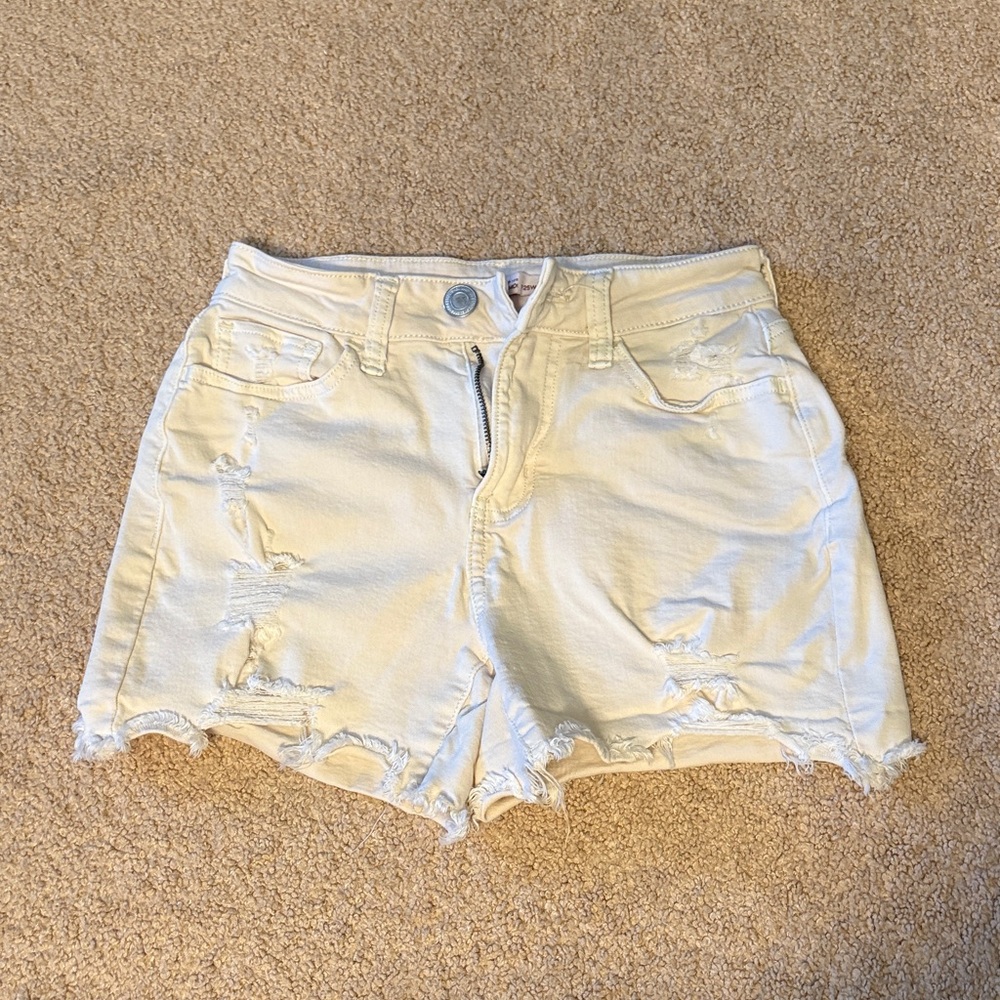 high-rise curvy midi cream distressed shorts